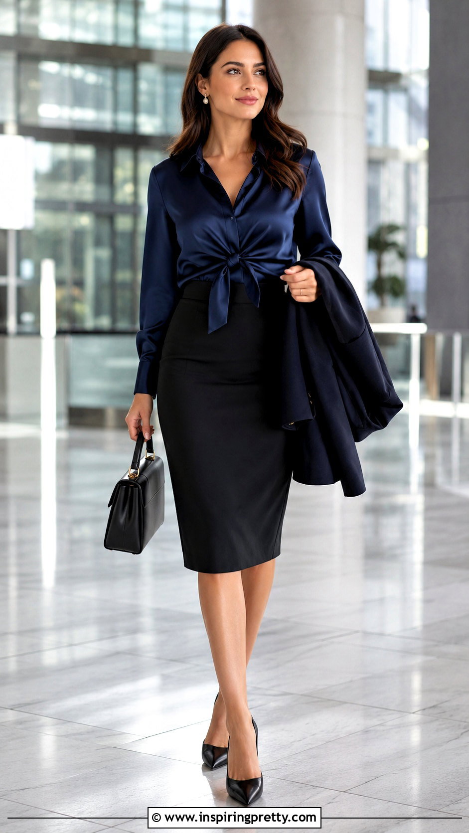 Satin Effect Tied Top With Pencil Skirt - 20 satin effect tied top outfit ideas