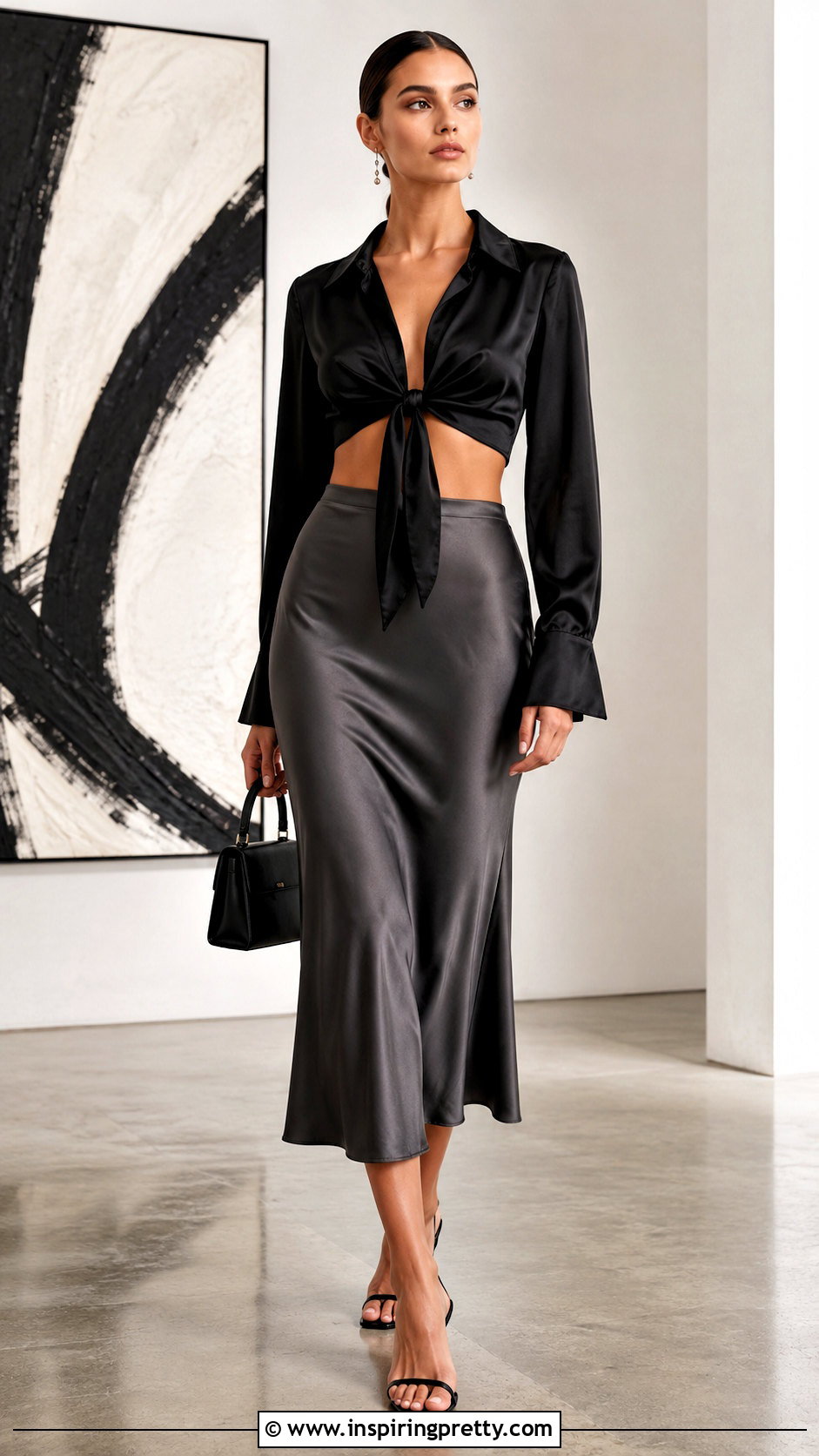 Satin Effect Tied Top With Satin Midi Skirt - 20 satin effect tied top outfit ideas