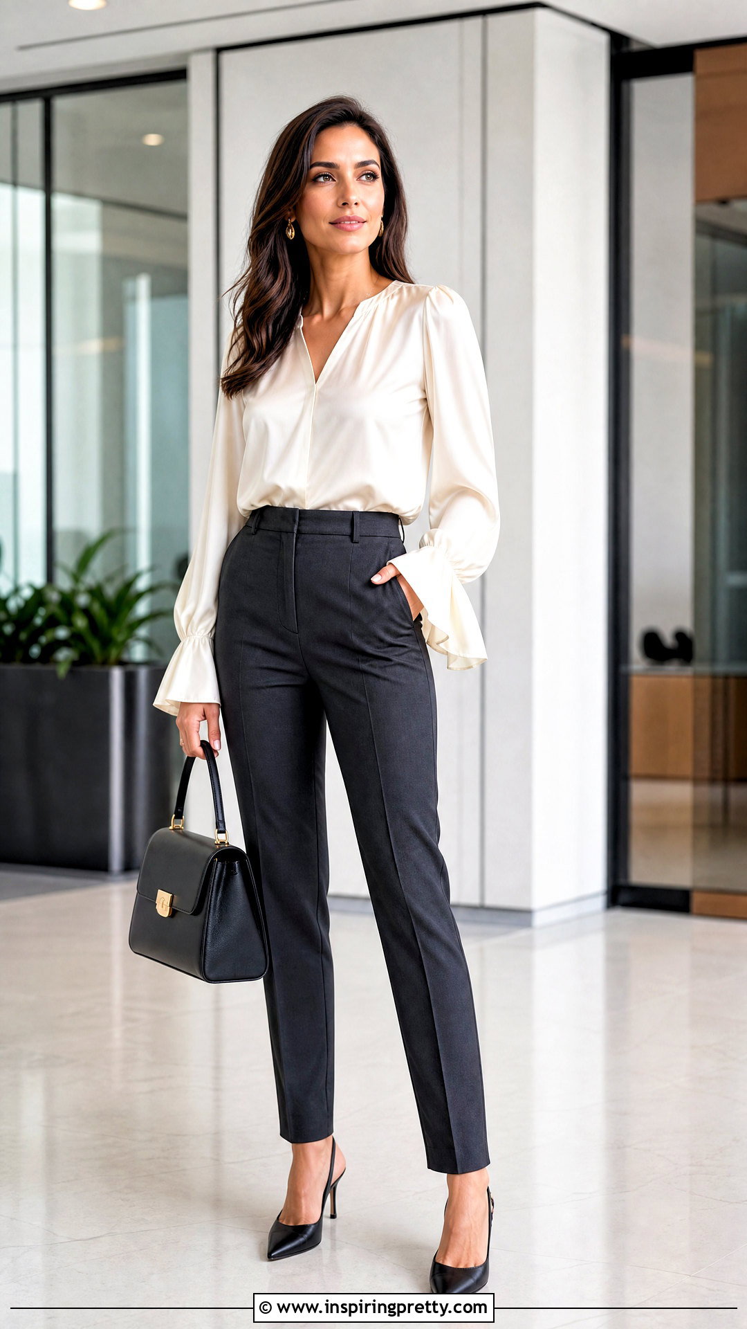Satin Flutter Long Sleeve Top With Tailored Pants - 20 flutter long sleeve top outfit ideas