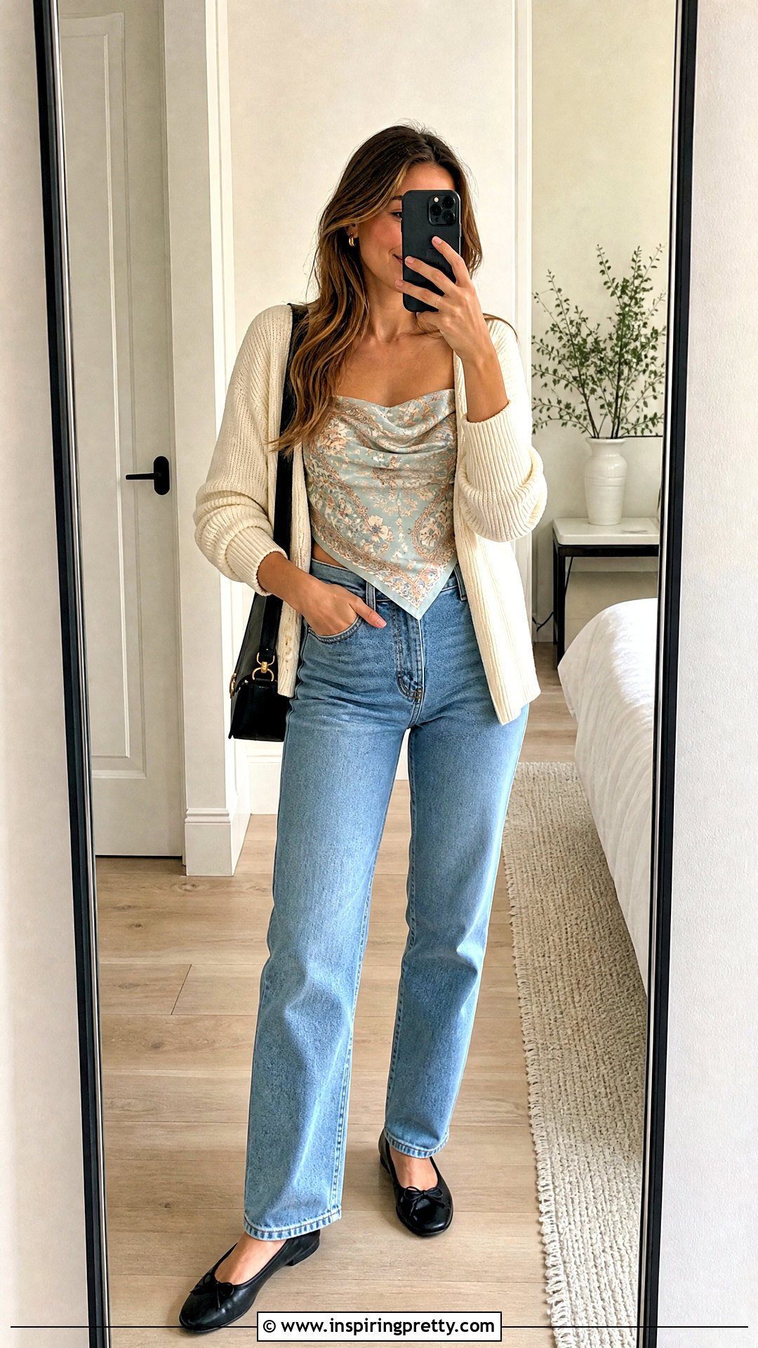 Satin Foulard Top With Cardigan And Straight Jeans - 25 Satin Foulard Top outfit ideas