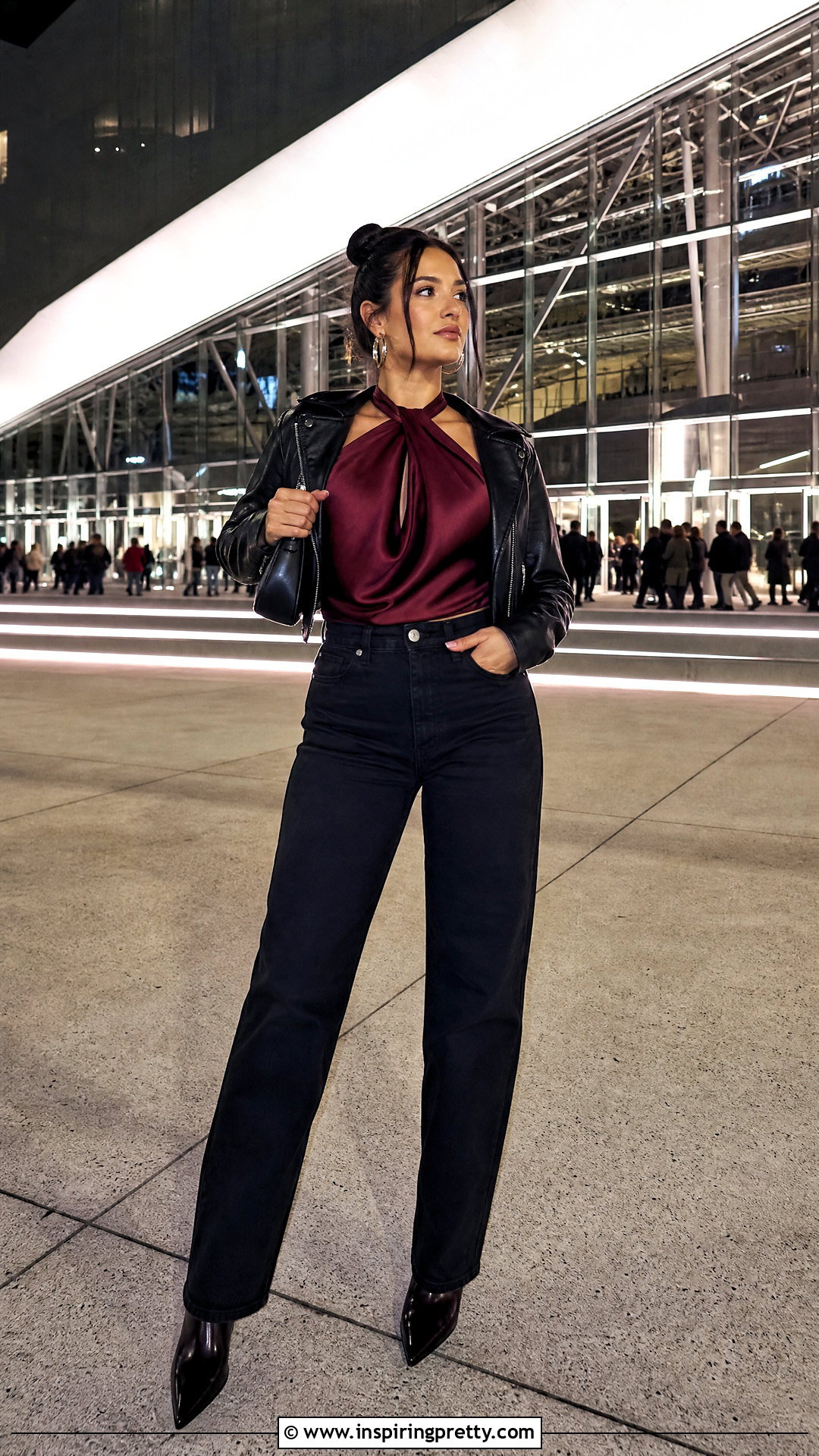 Satin Halter Top With Leather Jacket And Jeans - 50 satin halter top outfit ideas