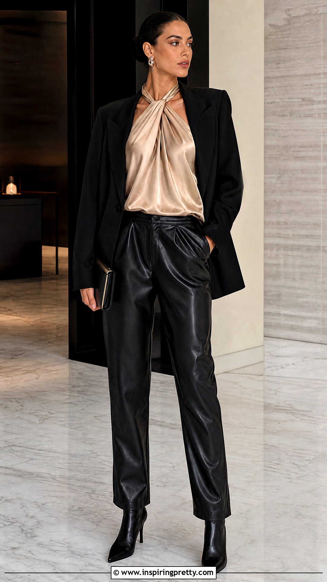 Satin Halter Top With Leather Pants - 25 halter going out tops outfit ideas