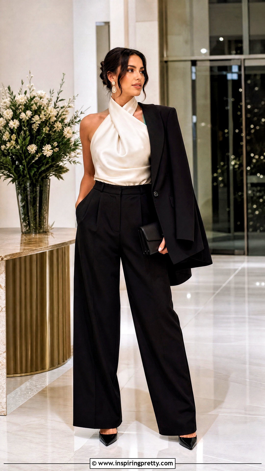 Satin Halter Top With Tailored Trousers - 50 halter tops outfit ideas