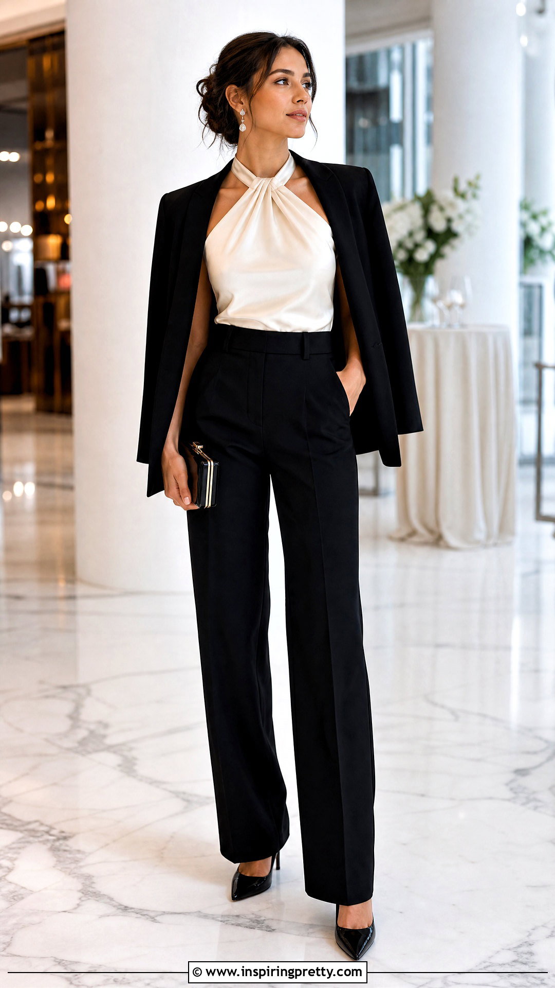 Satin Halterneck Top With Tailored Trousers - 50 halterneck top outfit ideas