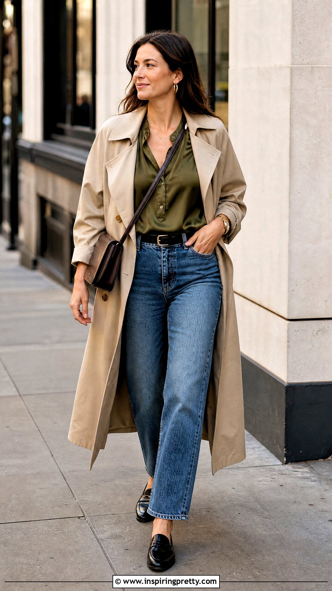 Satin Henley Top With Relaxed Jeans - 50 satin tops for women
