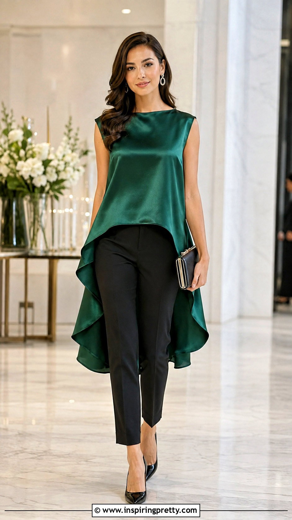Satin Hi Lo Top With Tailored Pants Outfit - 25 Hi Lo Top outfit ideas