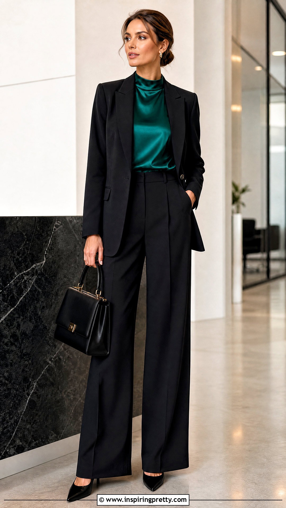 Satin High Neck Top With Matching Suit - 50 high neck top outfit ideas