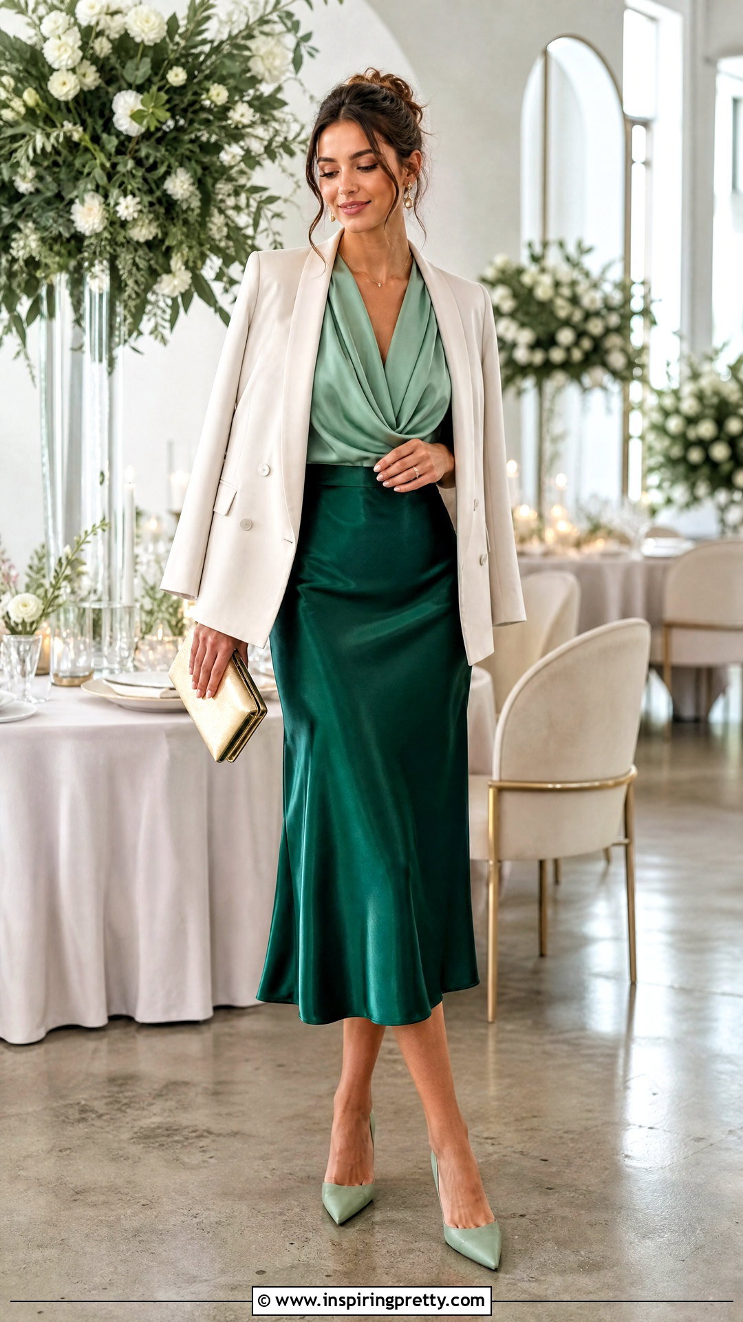 Satin Midi Skirt And Draped Blouse - 50 wedding guest skirt and top outfit ideas