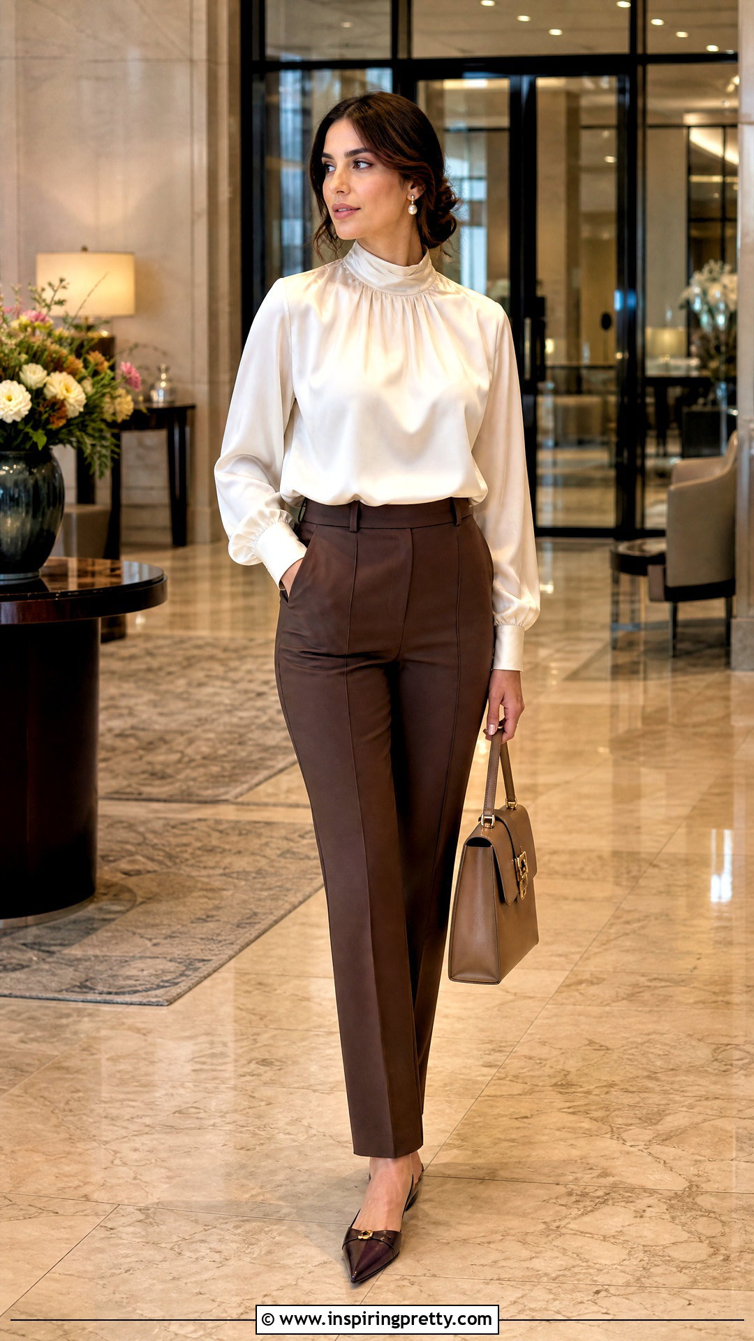 Satin Modest Blouse With Tailored Trousers - 50 modest tops for women