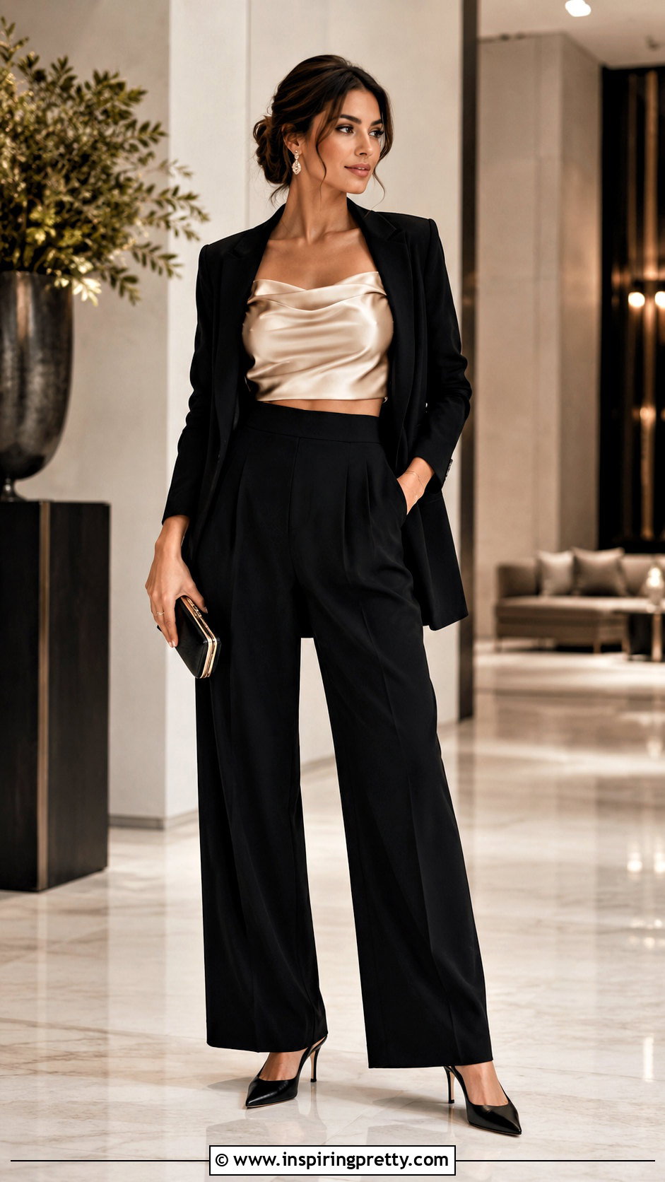 Satin Off Shoulder Crop Top With Tailored Trousers - 20 Off-Shoulder Crop Top Fashion ideas