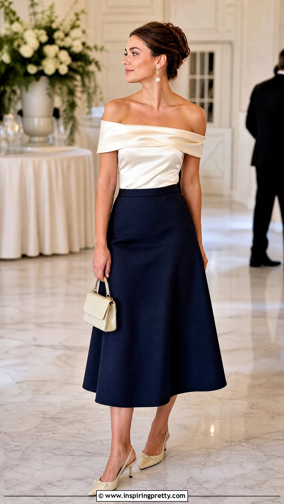 Satin Off Shoulder Top With French Twist and Midi Skirt - 50 hairstyle for off shoulder top outfit ideas