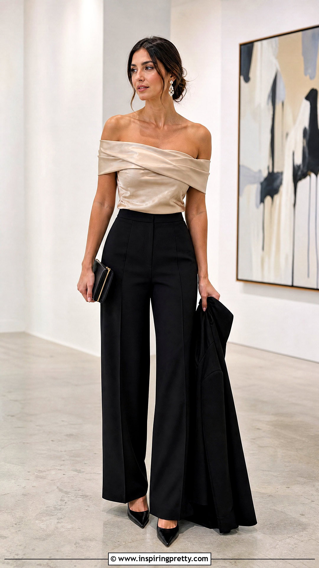 Satin Off Shoulder Top With Tailored Trousers - 50 satin tops for women