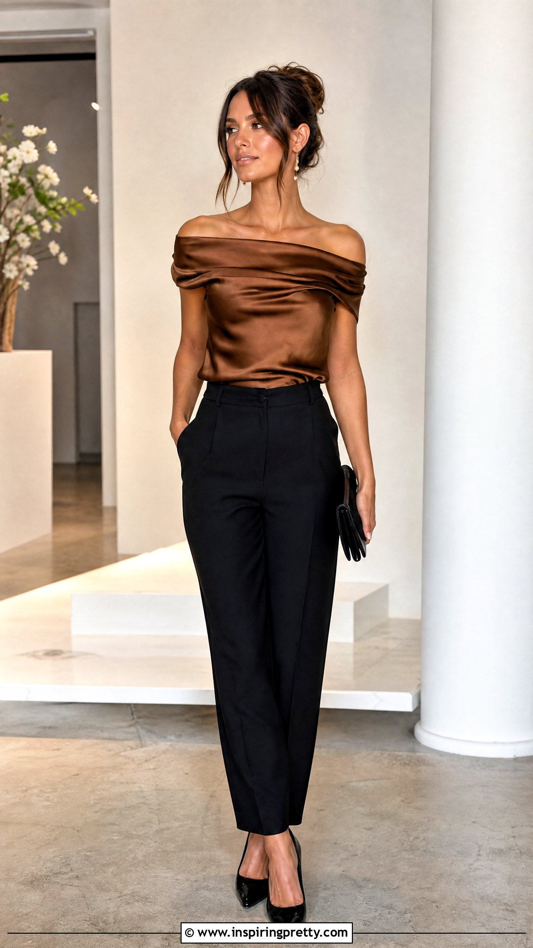 Satin Off Shoulder Top With Tailored Trousers - 50 off shoulder top outfit classy ideas