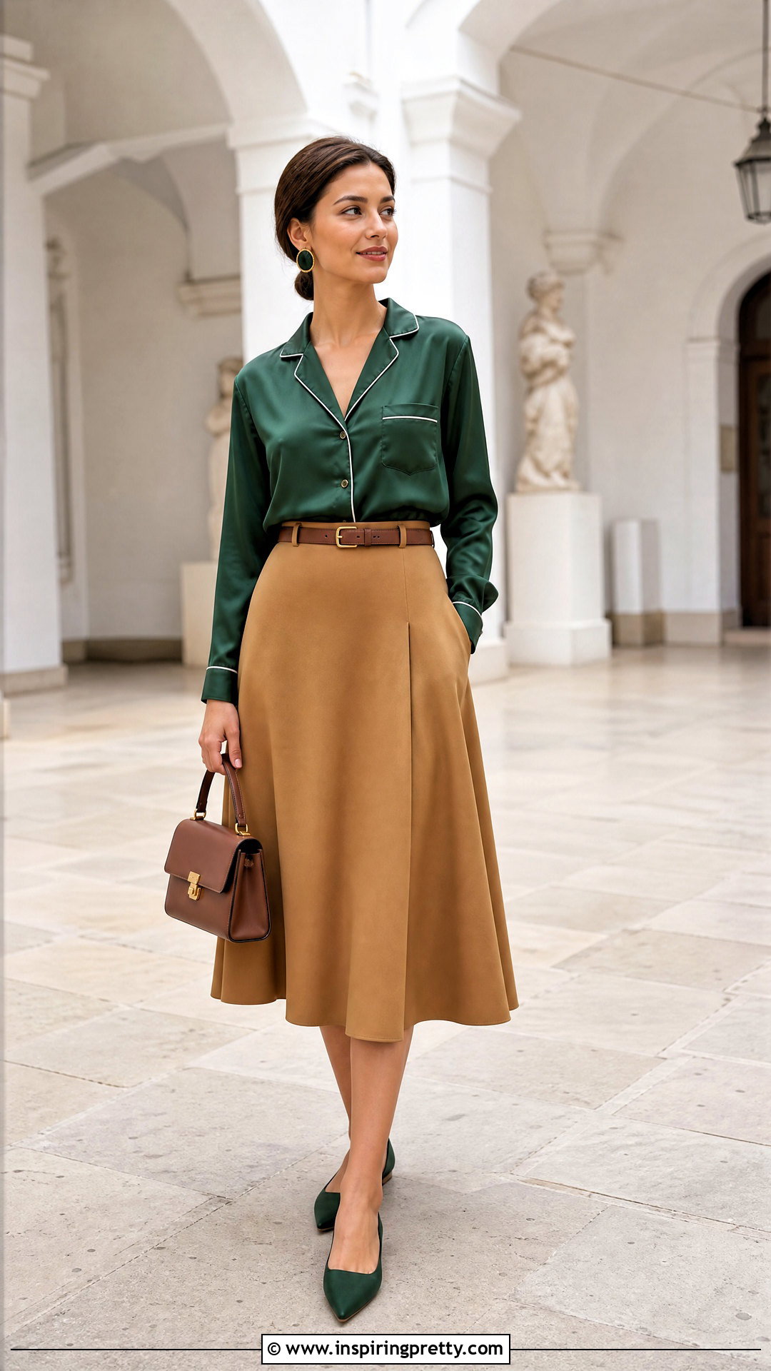 Satin PJ Top With A Line Midi Skirt - 25 satin pj top outfit ideas