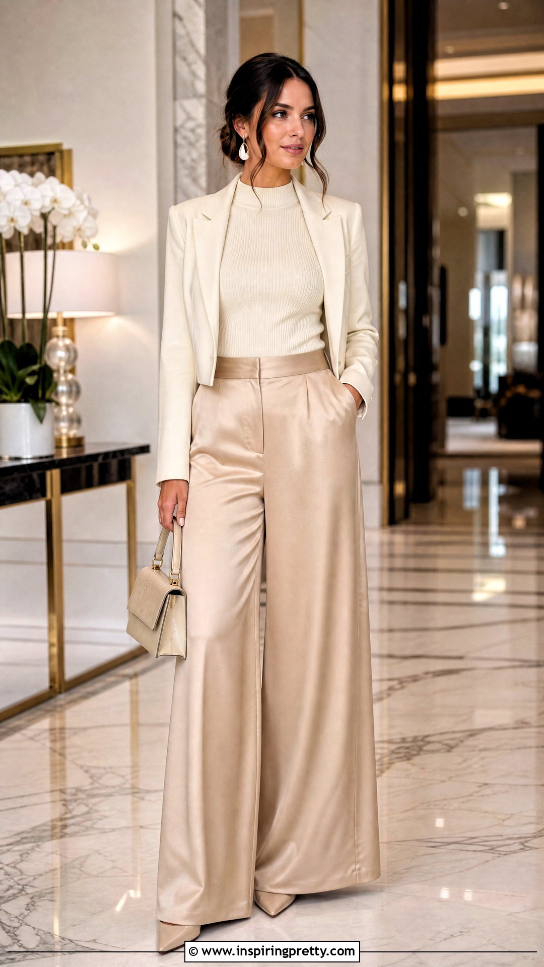 Satin Palazzo Pants With Fitted Knit Top - 50 palazzo pants and top outfit ideas
