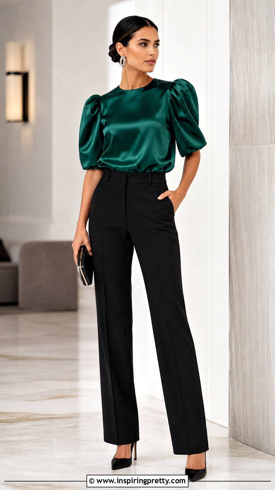Satin Puff Sleeve Top With Straight Pants - 50 puff sleeve top outfit ideas