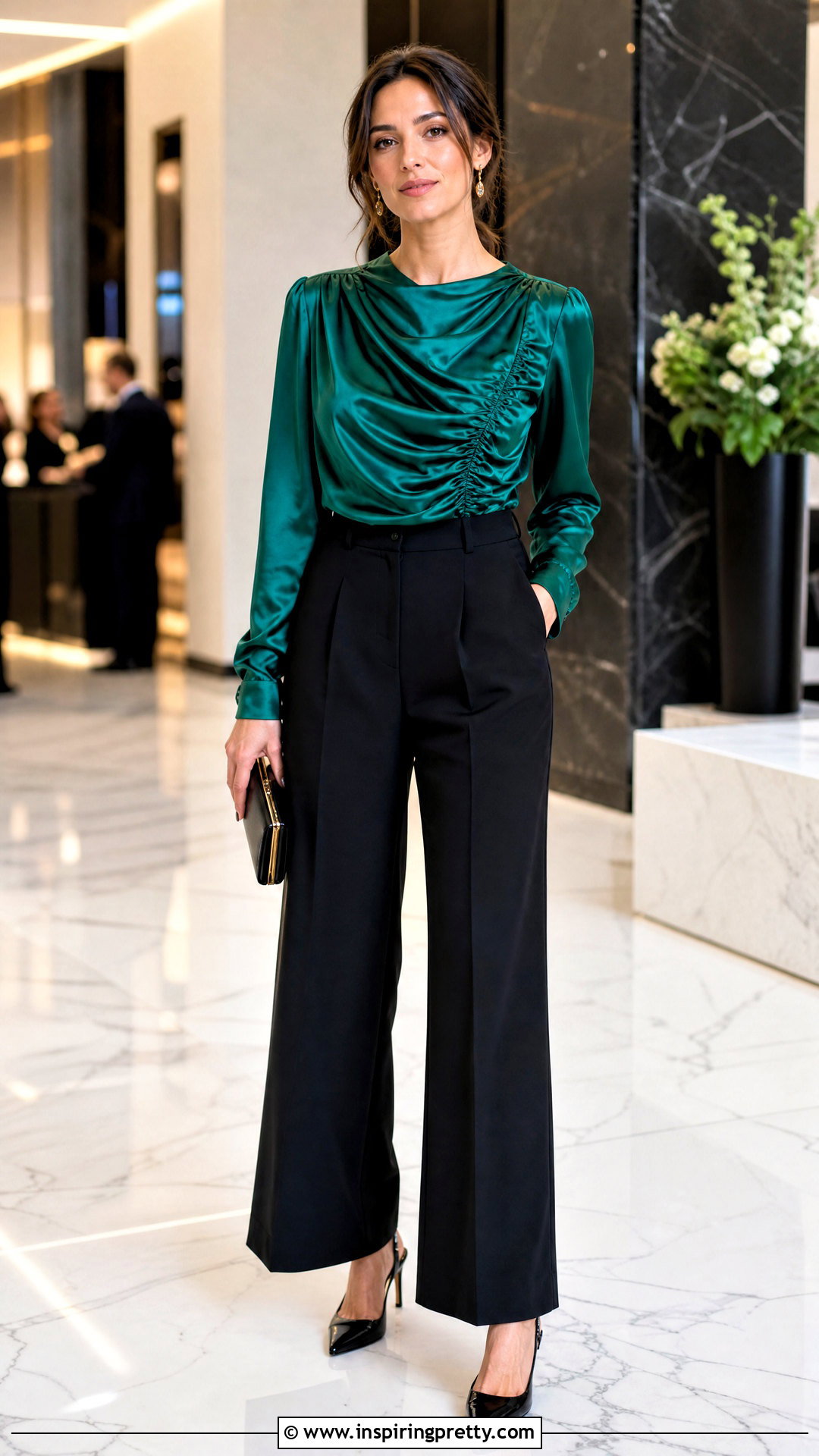 Satin Ruched Top With Black Trousers - 50 ruched top outfit ideas