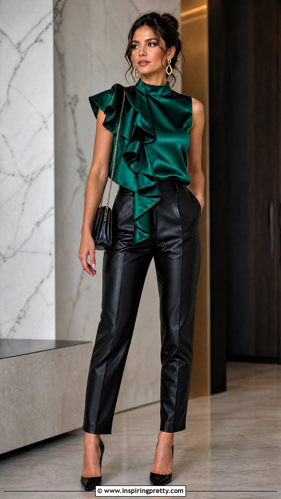 Satin Ruffle Top With Faux Leather Pants - 50 ruffle tops outfit ideas