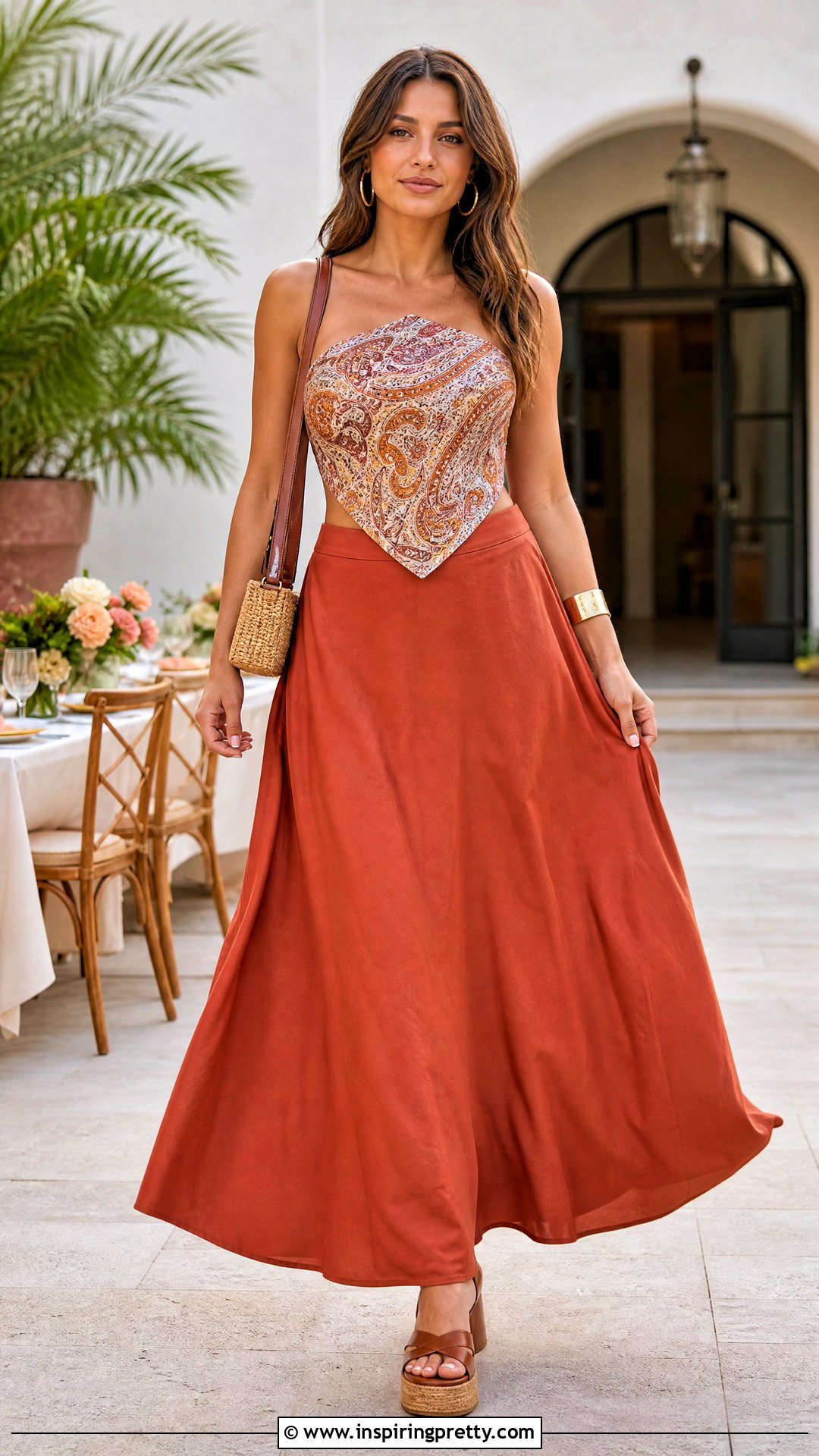 Satin Scarf Top With Maxi Skirt - 50 70s tops outfit ideas