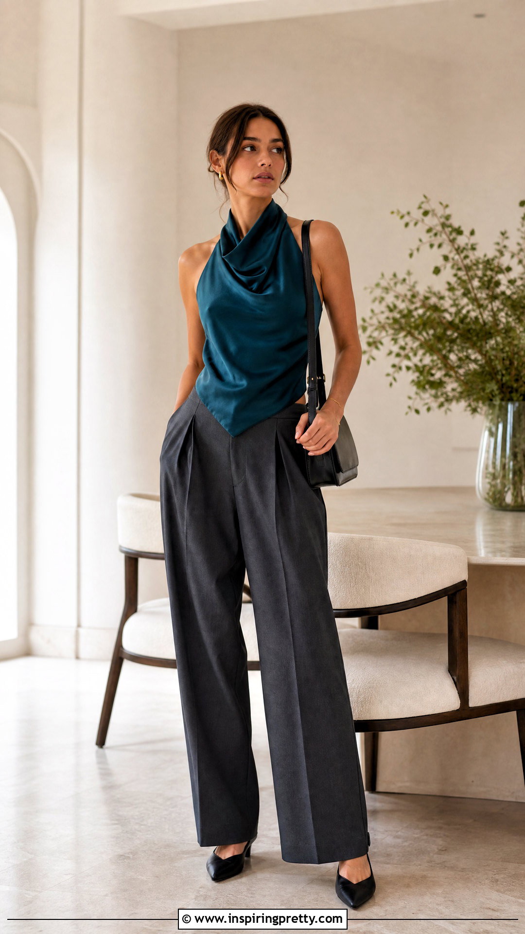 Satin Scarf Top With Tailored Pants - 50 scarf top ideas