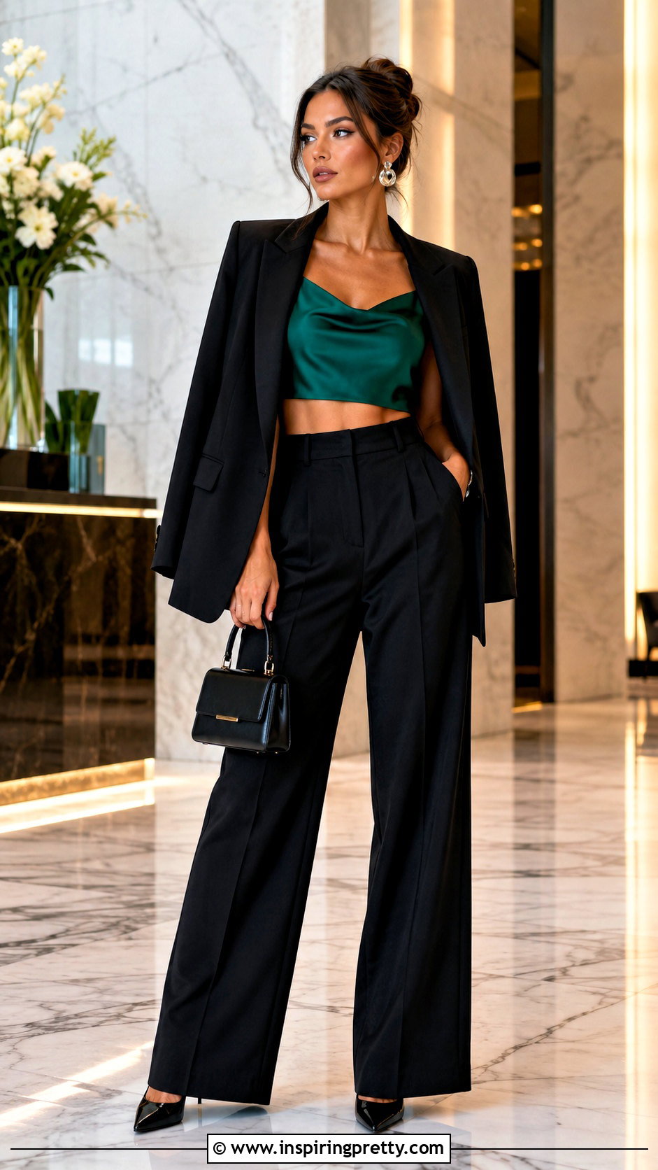 Satin Short Crop Top With Tailored Trousers - 50 short crop tops outfit ideas