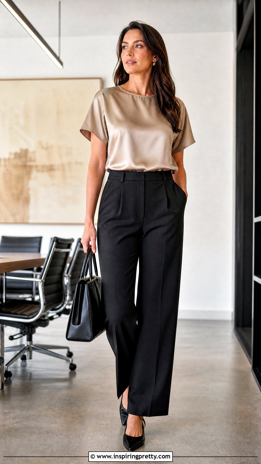 Satin Short Sleeve Top With Tailored Black Pants - 25 short sleeve tops for work outfits
