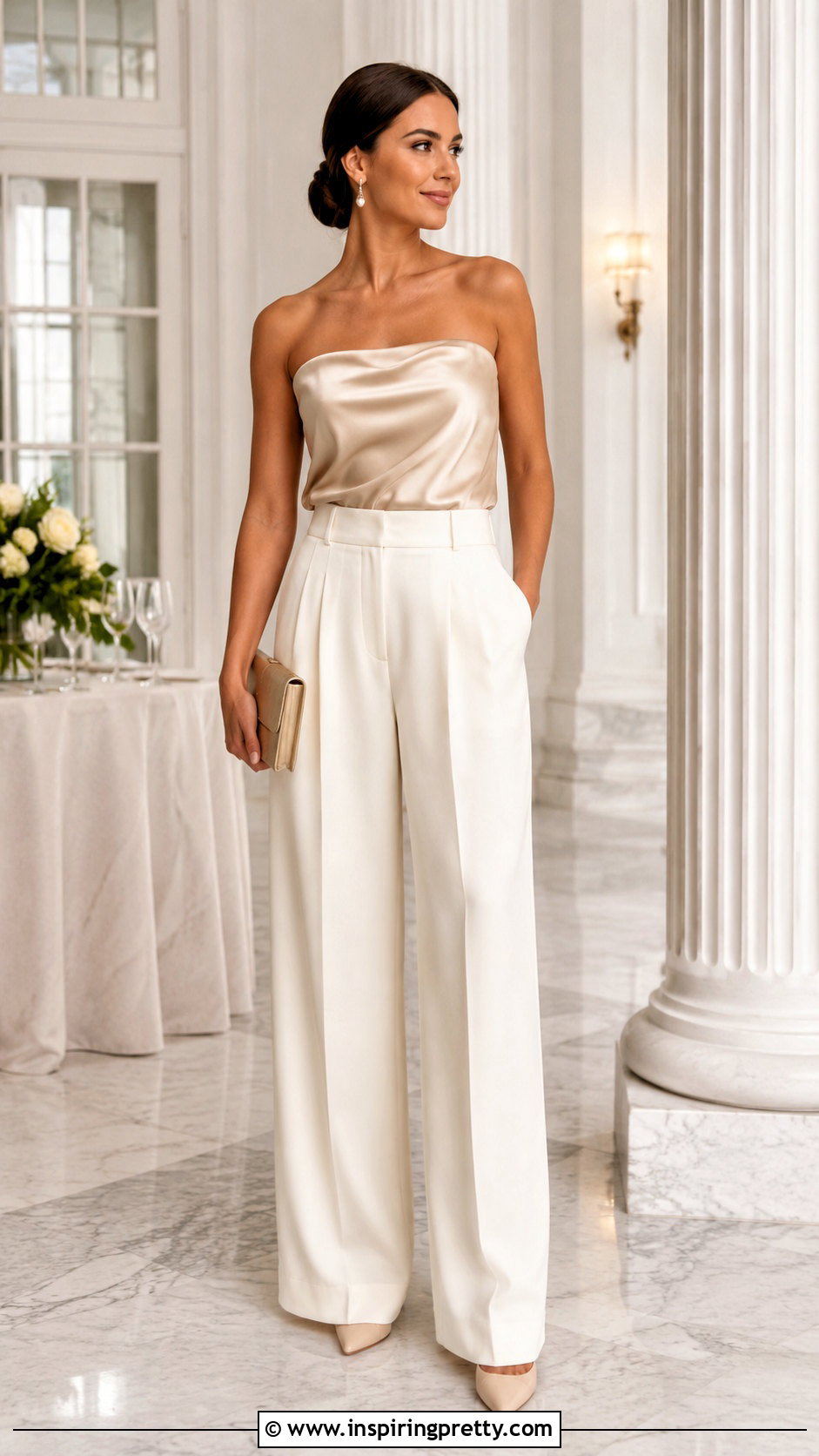 Satin Shoulderless Top With Tailored Trousers - 50 shoulderless top outfit ideas