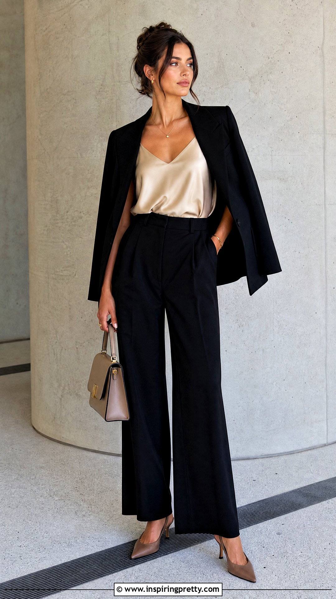 Satin Slip Cami Top With Tailored Trousers - 20 slip cami top outfit ideas
