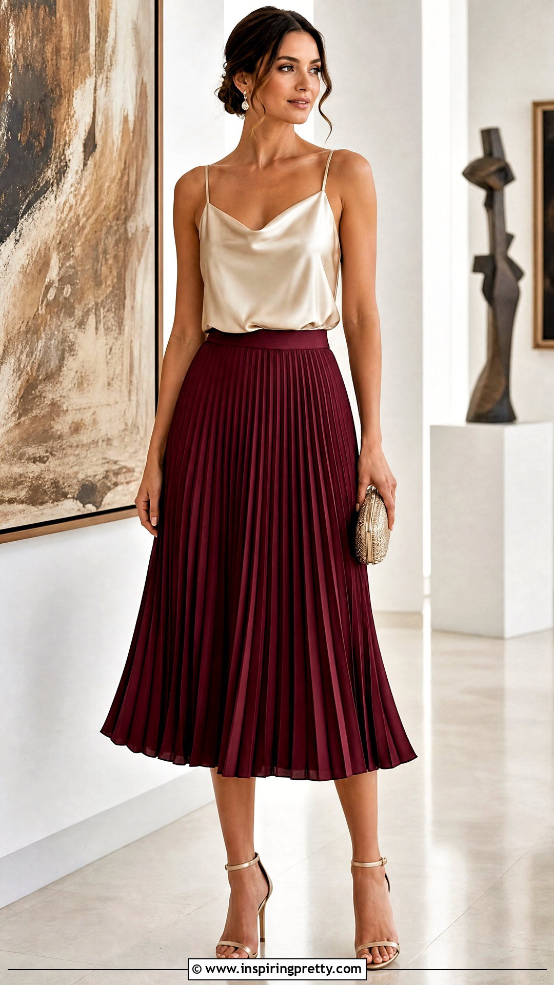 Satin Strap Top With Pleated Midi Skirt - 50 strap top outfit ideas