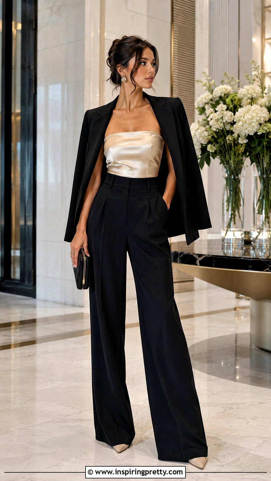 Satin Strapless Top With Black Trousers - 50 top strapless outfit ideas
