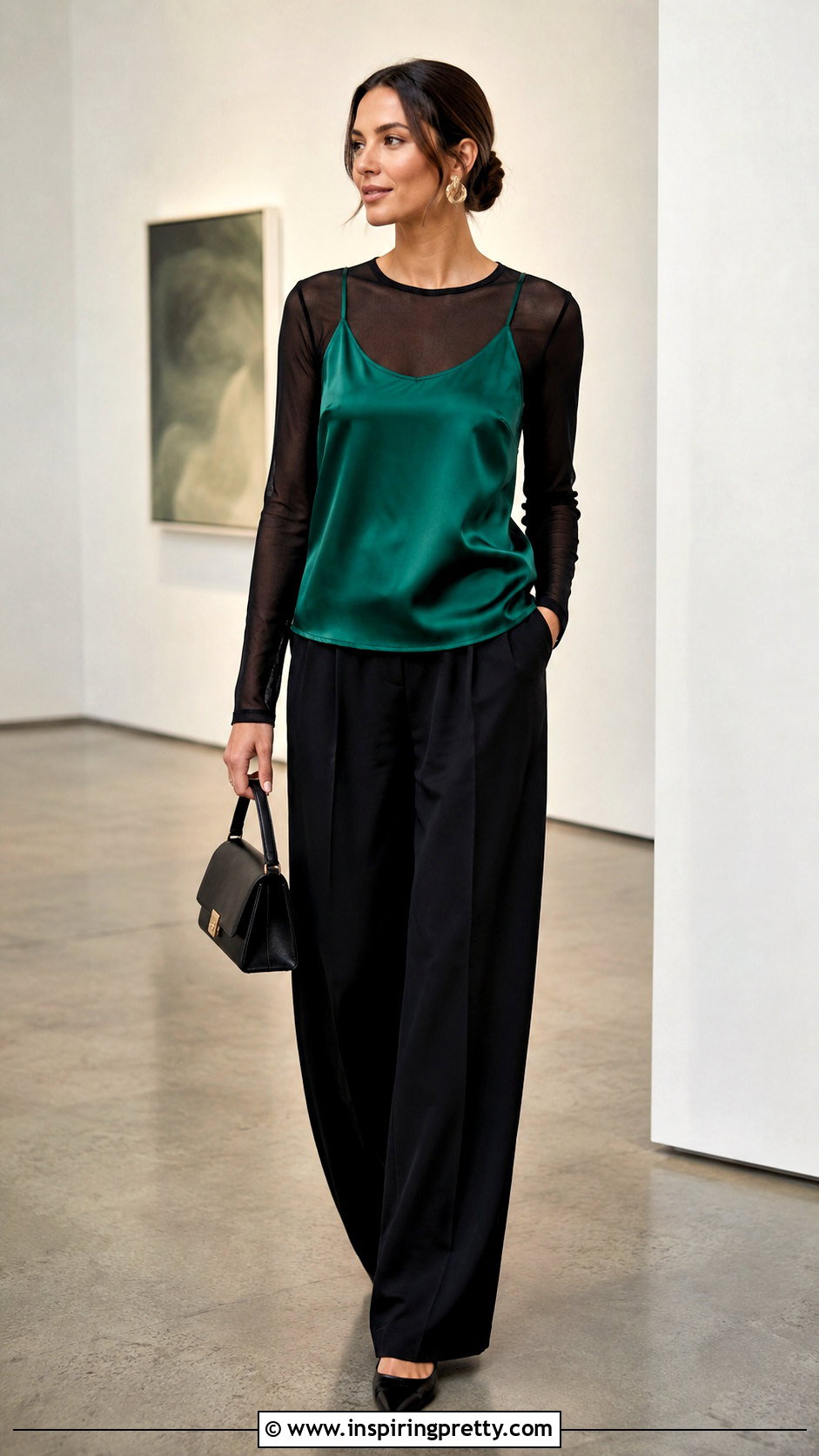 Satin Tank Top Over Mesh Long Sleeve With Black Trousers - 50 tank top over long sleeve outfit ideas