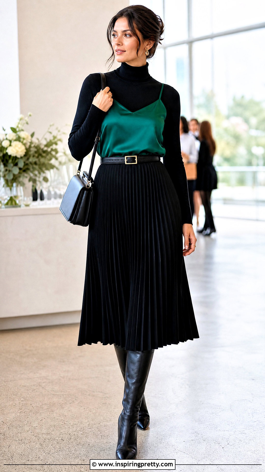 Satin Tank Top Over Turtleneck With Midi Skirt - 50 tank top over shirt outfits
