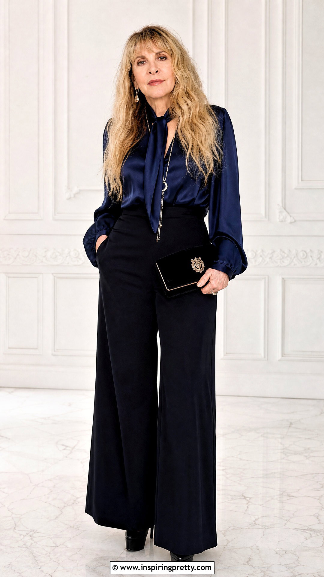 Satin Tie Neck Blouse With Wide Leg Pants - 20 Stevie Nicks Style Tops