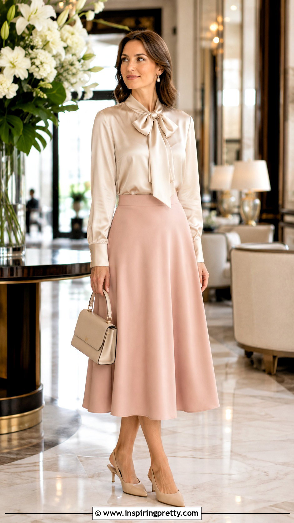 Satin Tie Neck Sunday Top With Midi Skirt - 50 sunday top design