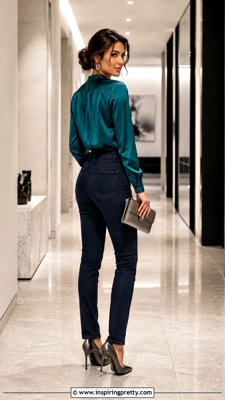 Satin Top And Dark Jeans Over Shoulder Pose - 50 jeans top photoshoot poses