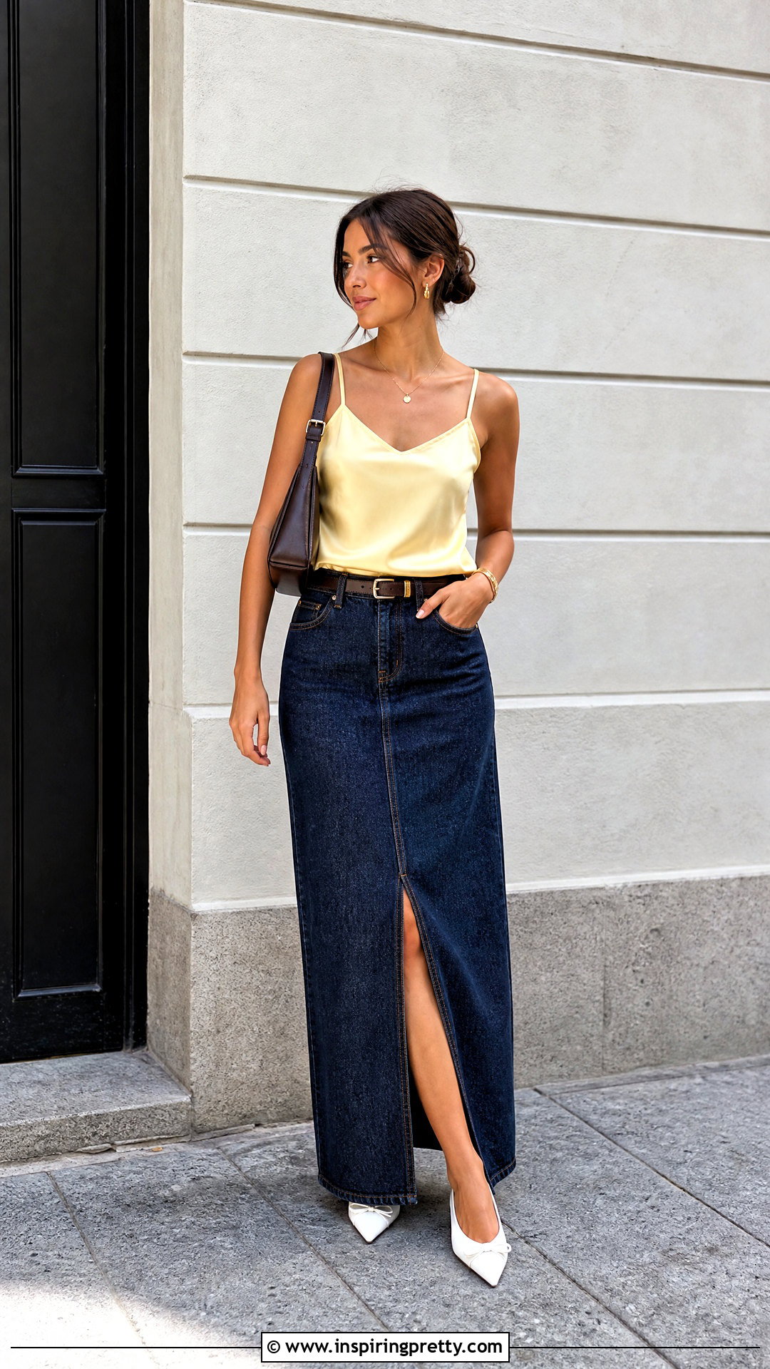 Satin Top With Denim Maxi Skirt - 50 satin top outfit classy ideas