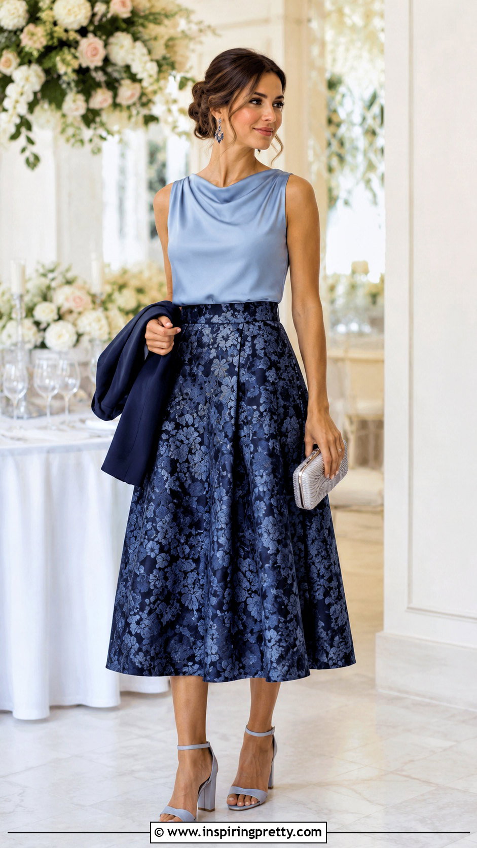 Satin Top With Jacquard Skirt For Wedding Guests - 50 satin tops outfit ideas