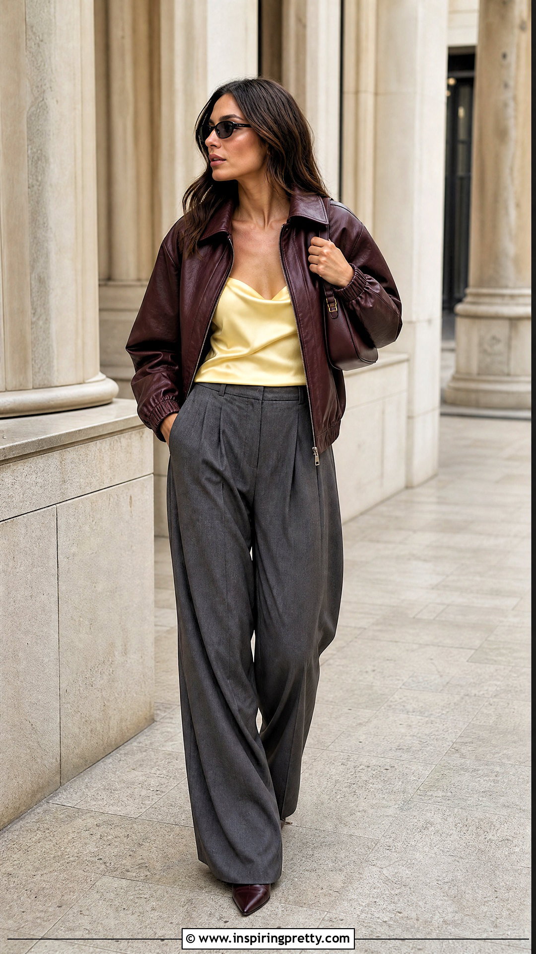 Satin Top With Leather Bomber And Wide Leg Pants - 50 satin top outfit ideas