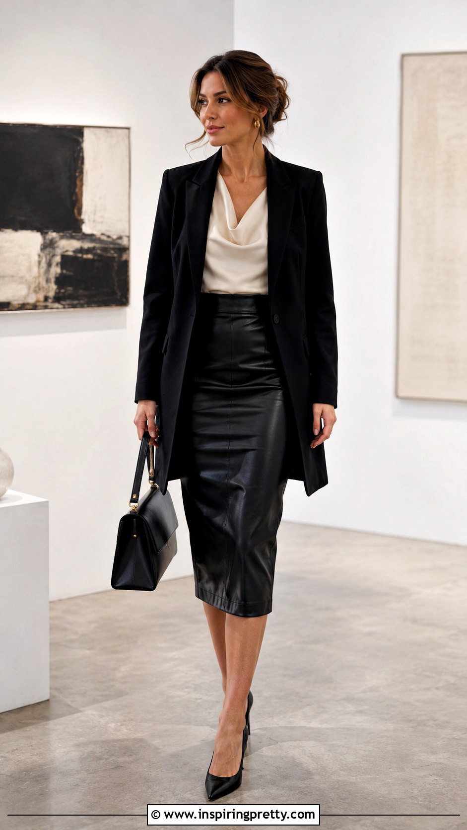 Satin Top With Leather Pencil Skirt - 50 satin tops outfit ideas