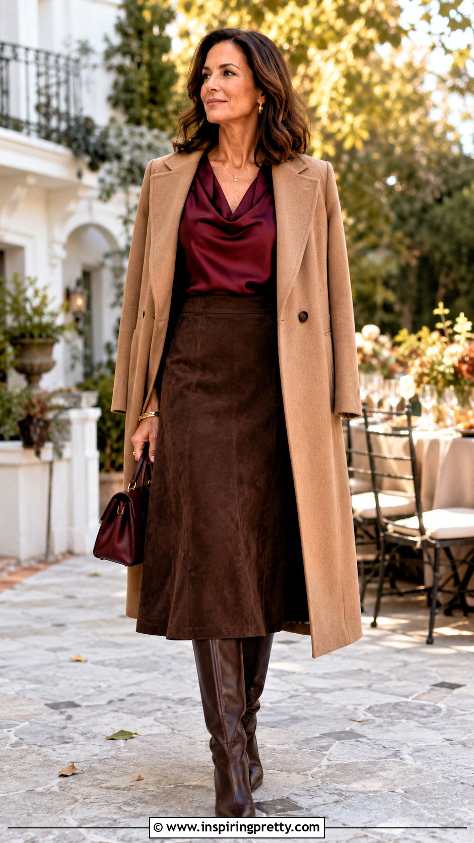 Satin Top With Suede Midi Skirt - 50 satin tops outfit ideas