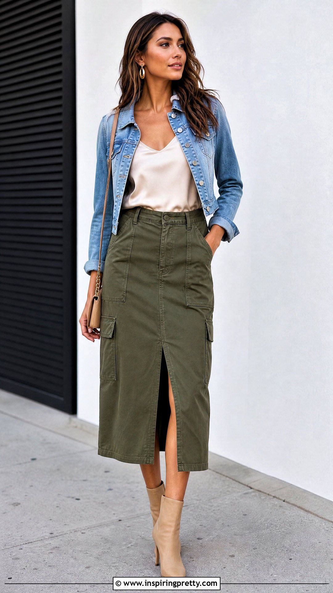 Satin Top With Utility Midi Skirt - 50 satin top outfit ideas