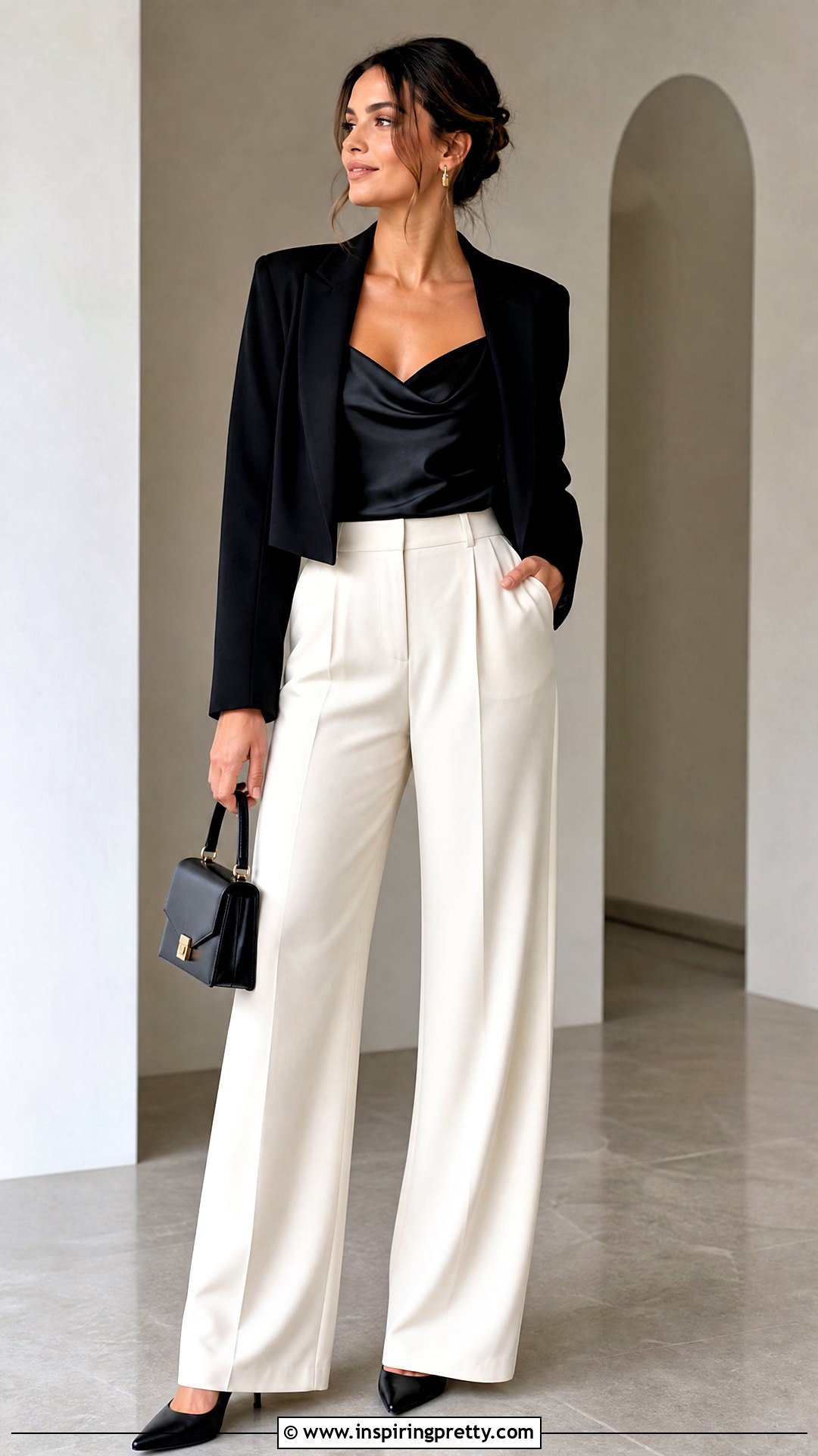 Satin Top With a Cropped Blazer - 50 satin top outfit classy ideas
