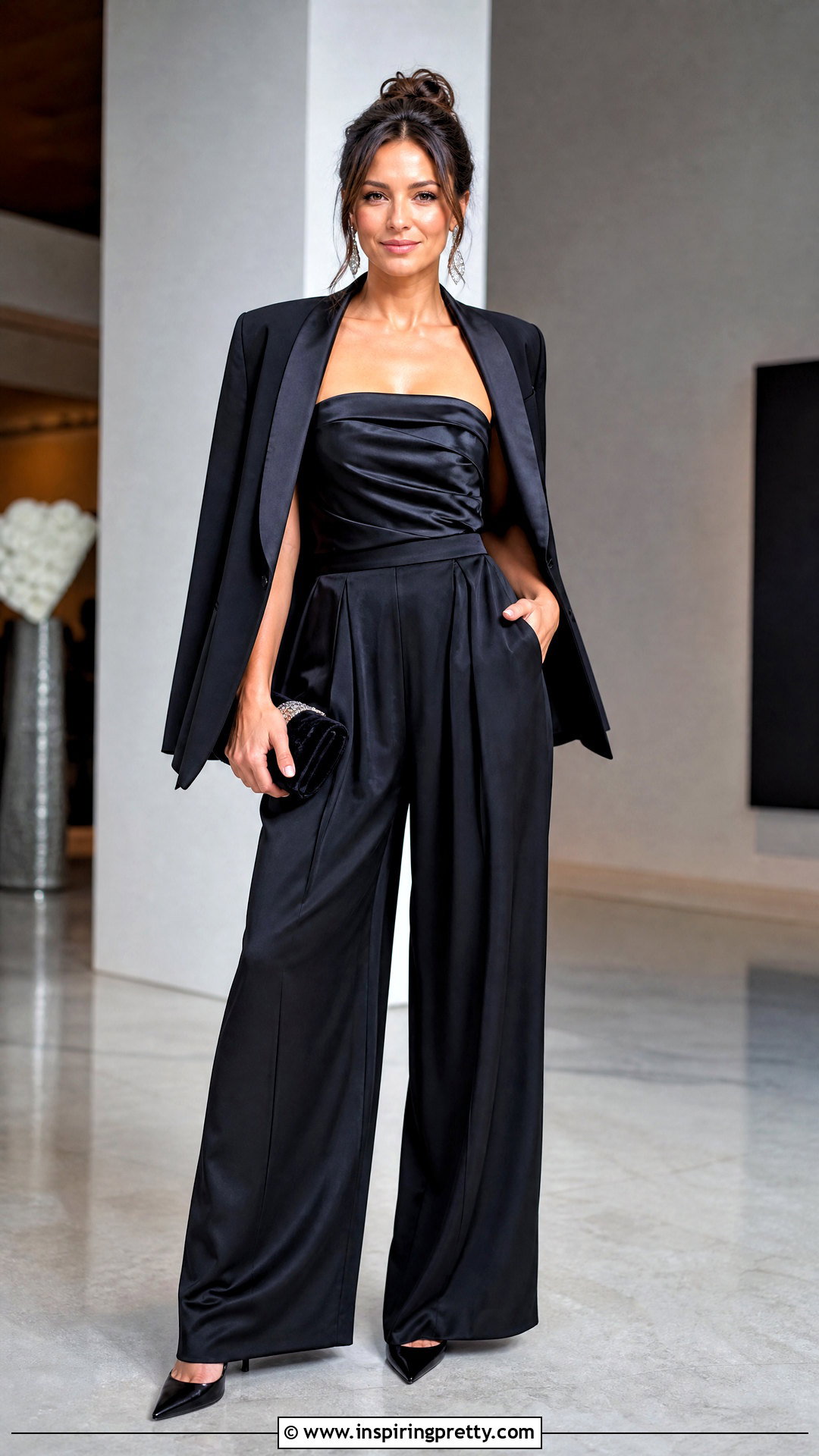 Satin Tube Top With Black Palazzo Pants - 25 posh tube top outfit ideas