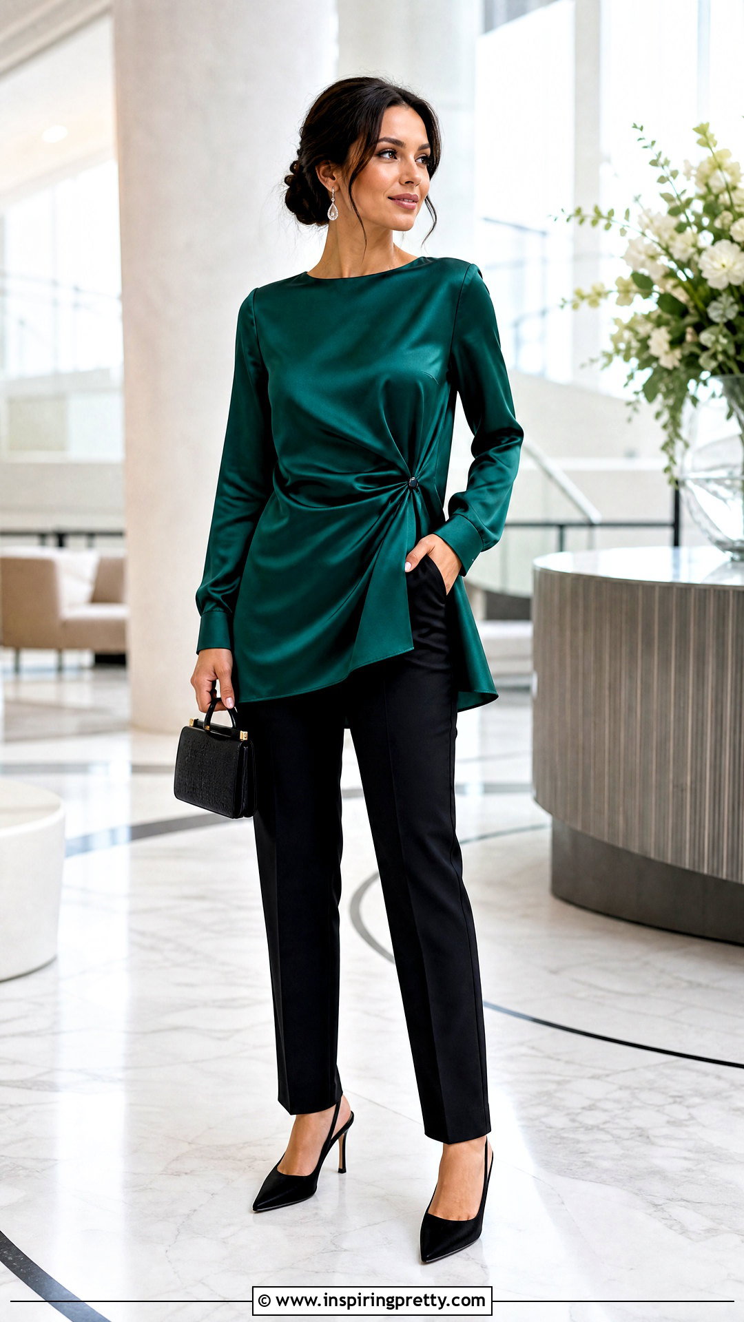Satin Tunic Top With Tailored Trousers - 20 Chic Tunic Tops outfit ideas