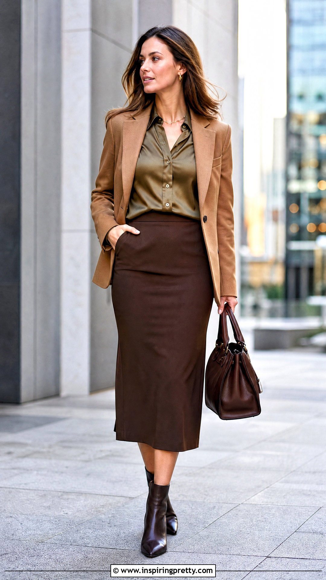 Satin Work Top With Midi Skirt And Ankle Boots - 25 satin work top outfit ideas