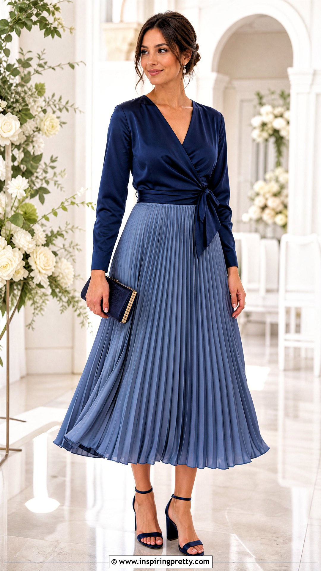 Satin Wrap Around Top With Pleated Midi Skirt - 50 wrap around top outfit ideas