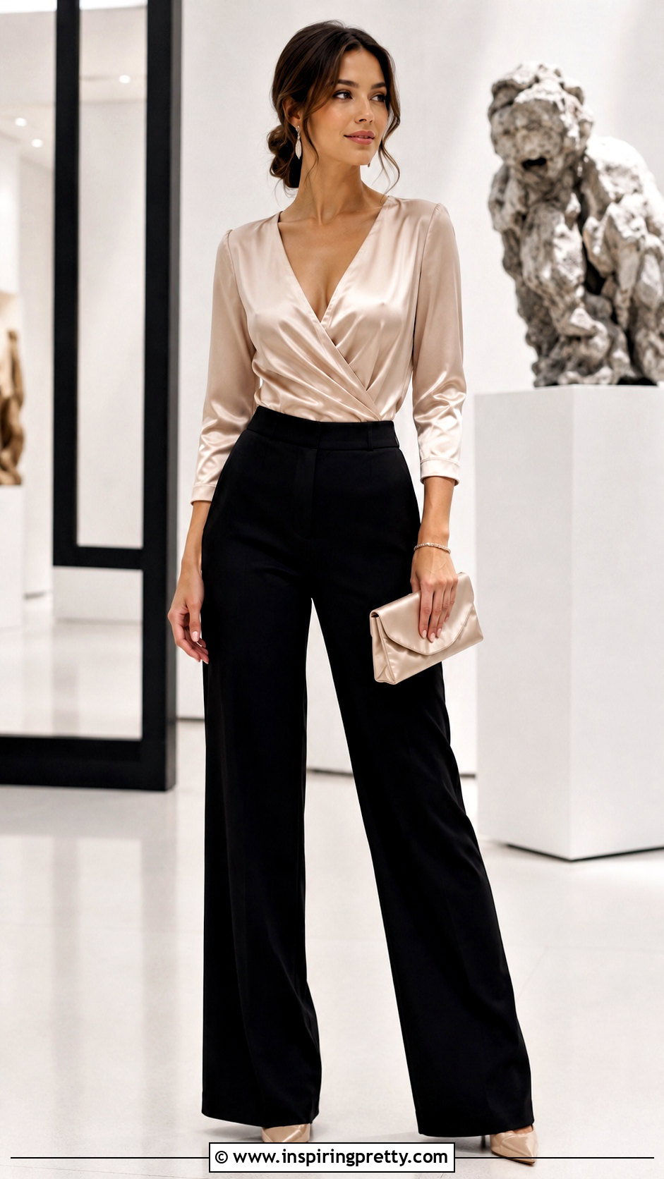 Satin Wrap Top Bodysuit With Wide Leg Pants - 20 wrap top bodysuit outfit ideas