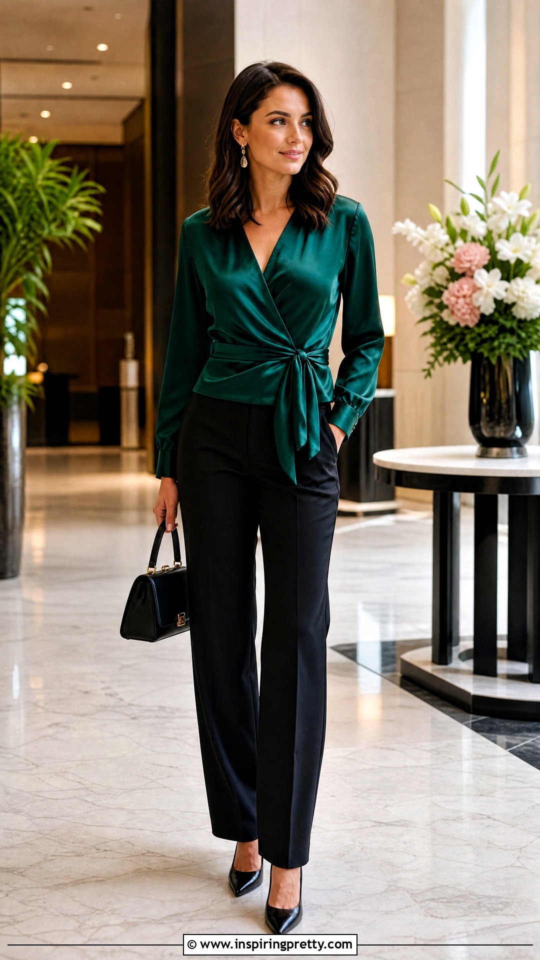 Satin Wrap Top With Black Trousers - 50 wrap top outfit ideas