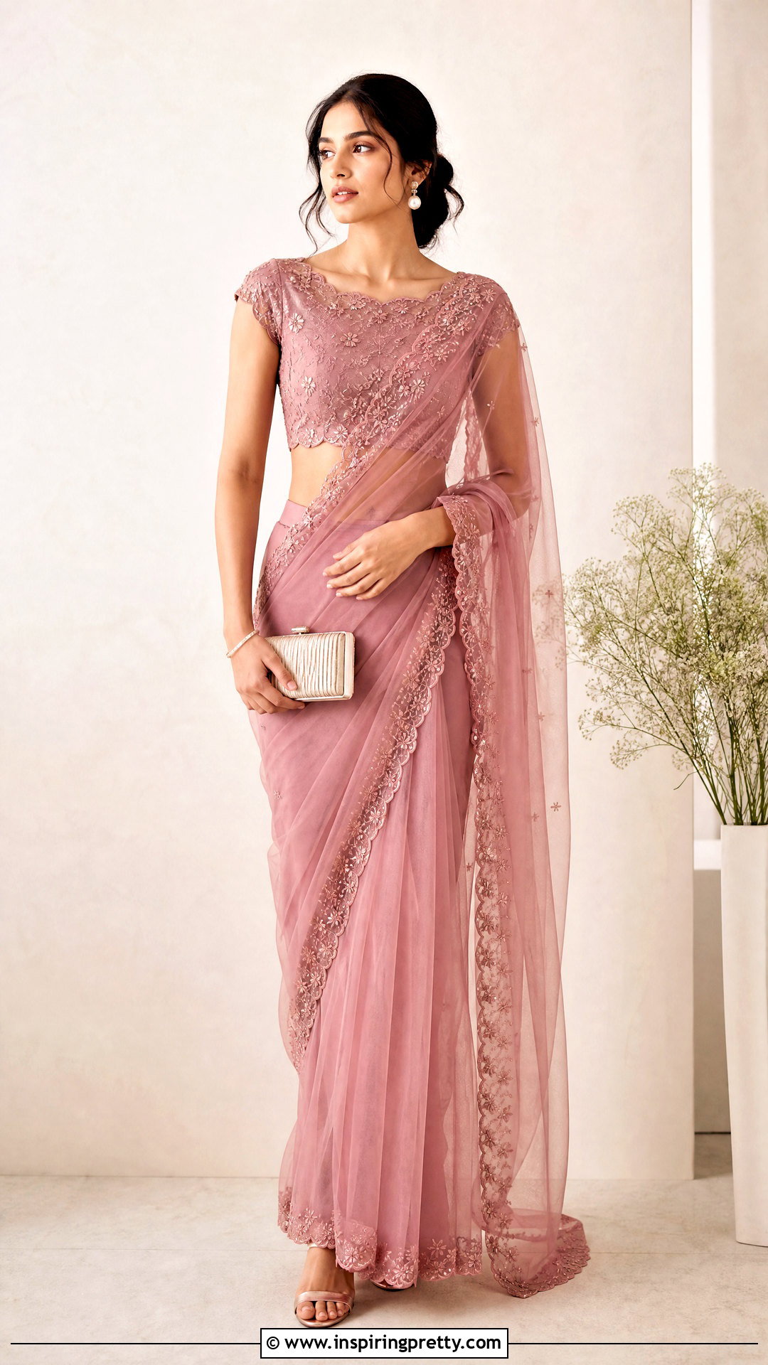 Scalloped Boat Neck Crop Top Blouse With Net Saree - 20 Crop Top Blouse Designs Latest Boat Necks