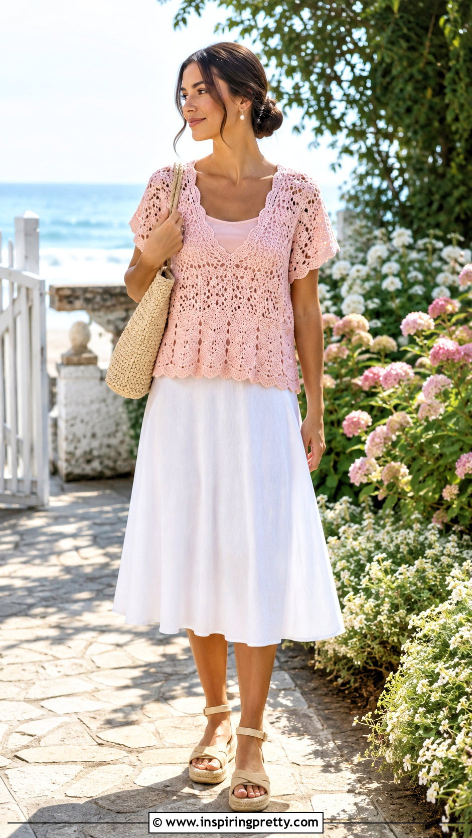Scalloped Crochet Beach Top With A Line Skirt - 50 crochet beach top outfit ideas
